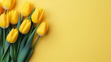 Yellow Tulips On A Color Background, Top View, Spring Bouquet
