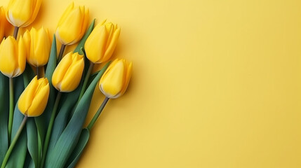 yellow tulips on a color background, top view, spring bouquet