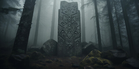 Wall Mural - 
Norse Runes, carved into stone, surrounded by abstract runic patterns, moody, misty forest background