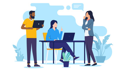 Poster - Office talk at desk - Team of businesspeople working with computers having conversation and dialogue together at work. Flat design vector illustration with white background