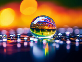 Macro shot of light diffraction creating a miniature rainbow on a water droplet, super close-up, bokeh background