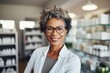 Portrait of a charming mature African American female pharmacist wearing glasses among shelves of medicines in a pharmacy. Experienced confident professional in the workplace. Copy space.