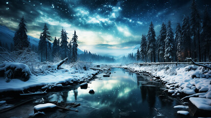 Christmas tree decoration in winter forest with northern lights in the night sky