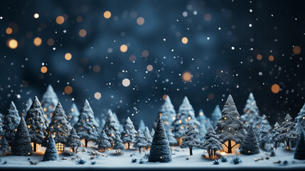 Christmas tree decoration in winter forest with northern lights in the night sky