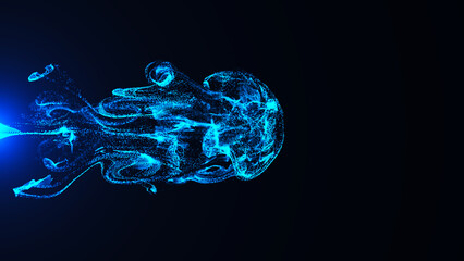 Poster - Abstract Particles Background. Vivid Color Fluid Particles. Motion design background shining neon particles. Color ink splash. Mysterious illusion. Color smoke cloud puff on blue abstract background