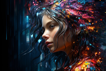 Wall Mural - girl with a dark hair and a glowing head futuristic digital illustration