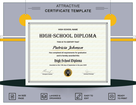 Certificate of High School Diploma 2024, certificate of completion 2025, certificate of appreciation, modern certificate, certificate gift, minimal certificate of High School Diploma