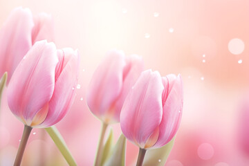  Delicate pink tulips on a blurred background, with bokeh for poster, wallpaper and postcard.