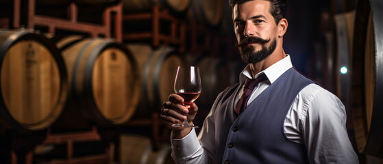 Wall Mural - Close up of a young sommelier holds a glass of red wine in a cellar, a wine expert in a white shirt and apron, the waiter offers wine.Sommelier tasting wine Concept. Generative ai