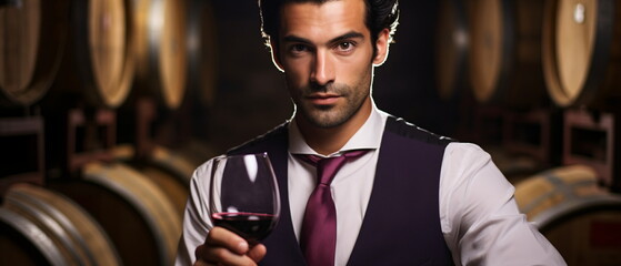 Close up of a young sommelier holds a glass of red wine in a cellar, a wine expert in a white shirt and apron, the waiter offers wine.Sommelier tasting wine Concept. Generative ai