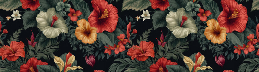 Wall Mural - Tropical vintage floral palm leaves red hibiscus flower seamless pattern black background. Exotic jungle wallpaper.generative ai.