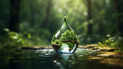 a drop of water with a green oasis of plants inside against the green of the forest, symbolizes natu