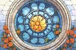 detail shot: rose window surrounded by stone tracery in a gothic revival structure, magazine style illustration
