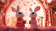 Chinese New Year concept with tow cute rabbits wearing Chinese costumes. Cartoon 3D illustration