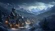 AI generated illustration of a majestic nighttime scene of a picturesque winter town