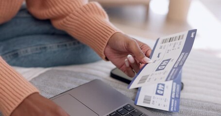 Plane ticket, hands and laptop with information and travel checking for flight and online checkin. Home, typing and airport website with paperwork and document for international trip and holiday