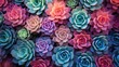 Vibrant array wall of multicolored pastel succulent plants, creating a lush mosaic of natural textures and hues. Concept of growth, vitality, diversity, harmony, and sustainability plants decor