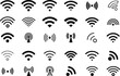 WIFI signal collection. Wireless internet symbol. Set of sign for connect of network. Bar of satellites for mobile, radio, computer. Hotspot, strength electronic wave from antenna for communication. V