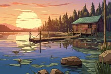 Wide-angle View Of A Dock And Log Cabin On A Tranquil Lake Shore, Magazine Style Illustration