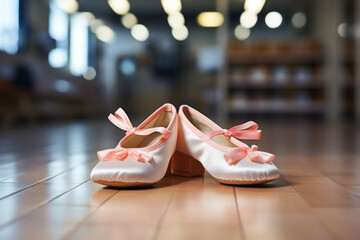 Poster - A pair of graceful ballet shoes on a dance studio floor. Concept of grace and performing arts. Generative Ai.