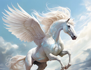 pegasus, a white horse with wings. a mythical flying creature.