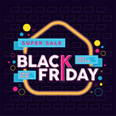 Sticker - Black friday neon background Vector illustration