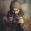© orendesain99 - A photographer holding camera take a photo with vintage style. AI generated