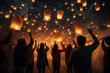 A group of friends releasing Chinese lanterns into the night sky, creating a magical and ethereal atmosphere. Concept of enchanting beginnings. Generative Ai.