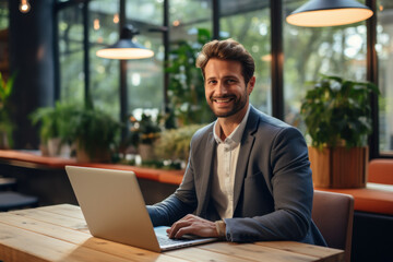 Poster - A young entrepreneur with a laptop, engaged in a video conference, showcasing the modern work dynamic. Concept of remote collaboration. Generative Ai.