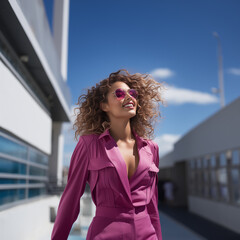 Wall Mural - Beautiful curly hair woman with sunglasses in pink clothes walking outdoors