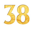 Number 38 with isolated paper cutout effect revealing gold crumpled paper background