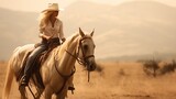 Cowgirl riding horse on dramatic sunset background. AI generated image