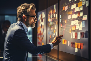 Poster - A businessman in a strategic planning session, mapping out goals on a whiteboard. Concept of visionary leadership. Generative Ai.