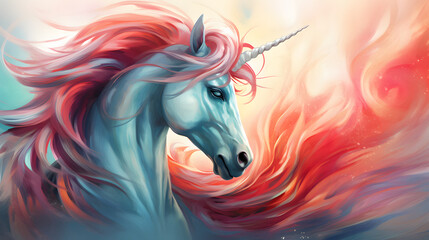  Unicorn. A fabulous white horse with a multicolored mane and tail. A mythical creature. Colorful illustration in light blue and pink tones.