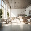 Interior design modern minimalist of restaurant or cafe with sunlight. AI generated