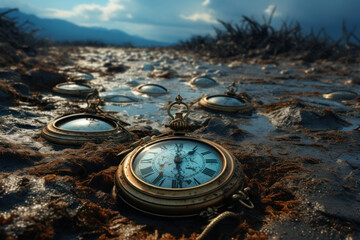 Poster - a surreal landscape with melting pocket watches scattered on the ground, symbolizing the malleabilit