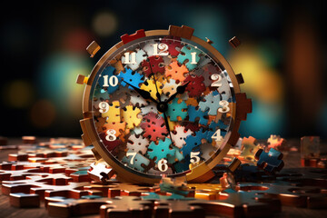 Sticker - A clock face constructed from floating puzzle pieces, symbolizing the intricate and interconnected nature of time. Concept of temporal puzzles. Generative Ai.