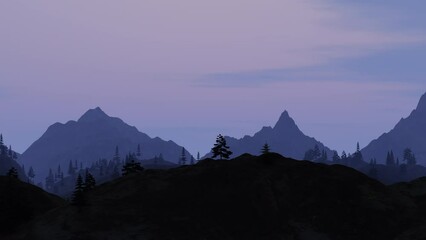 Side view of abstract animated looped landscape background with mountain peaks pines and spruces