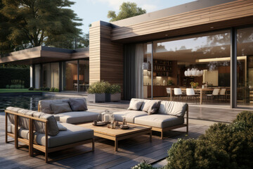 Poster - contemporary residence featuring an open-plan living space and a private wing of bedrooms, including