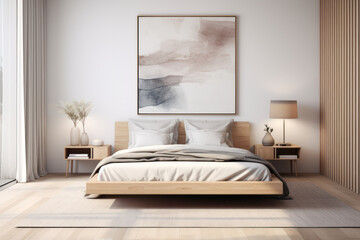Poster - A modern bedroom design within a Scandinavian interior, accompanied by an expansive art poster frame. Generative Ai.