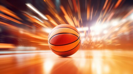 Basketball on court floor, close up with blurred arena in background