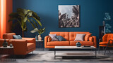Fototapeta  - Un salon moderne avec des murs bleus, un canapé en cuir orange, des accessoires décoratifs, une grande plante verte et des œuvres d'art.