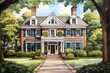 Colonial Revival Style House (Cartoon Colored Pencil) - United States in late 19th & early 20th century, characterized by symmetrical design, columns & pediments inspired by colonial architecture