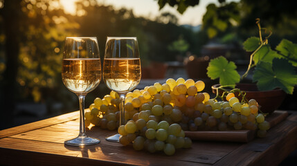 white wine in glasses, green grapes