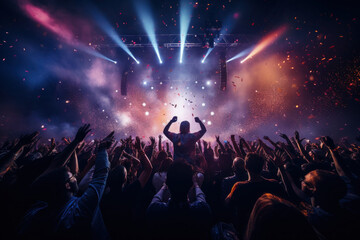 Poster - A dynamic live concert with a passionate crowd, stage lights, and confetti falling, evoking the electric energy of music events. Generative Ai.