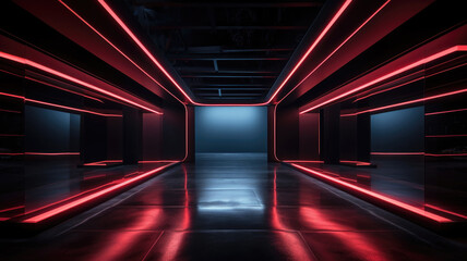 Wall Mural - Modern room background, perspective of dark minimalist studio with neon lighting. Futuristic design of empty stage, showroom interior. Concept of show, industry, hall, garage, warehouse
