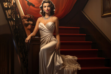 Wall Mural - A glamorous vintage woman in a evening gown, ready for a red carpet event in the 1940s. Generative Ai.