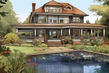 shingle style house with veranda and a pond in the backyard, magazine style illustration