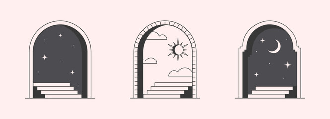Wall Mural - Vector mystic logo design templates with portals,steps,night,stars,sun,crescent moon.Surreal abstract illustrations in trendy minimal outline style.Magical emblems.Branding design templates.