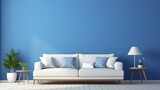 Fototapeta  - White couch in a blue modern living room. Blue living room with sofa and shelf. generative ai